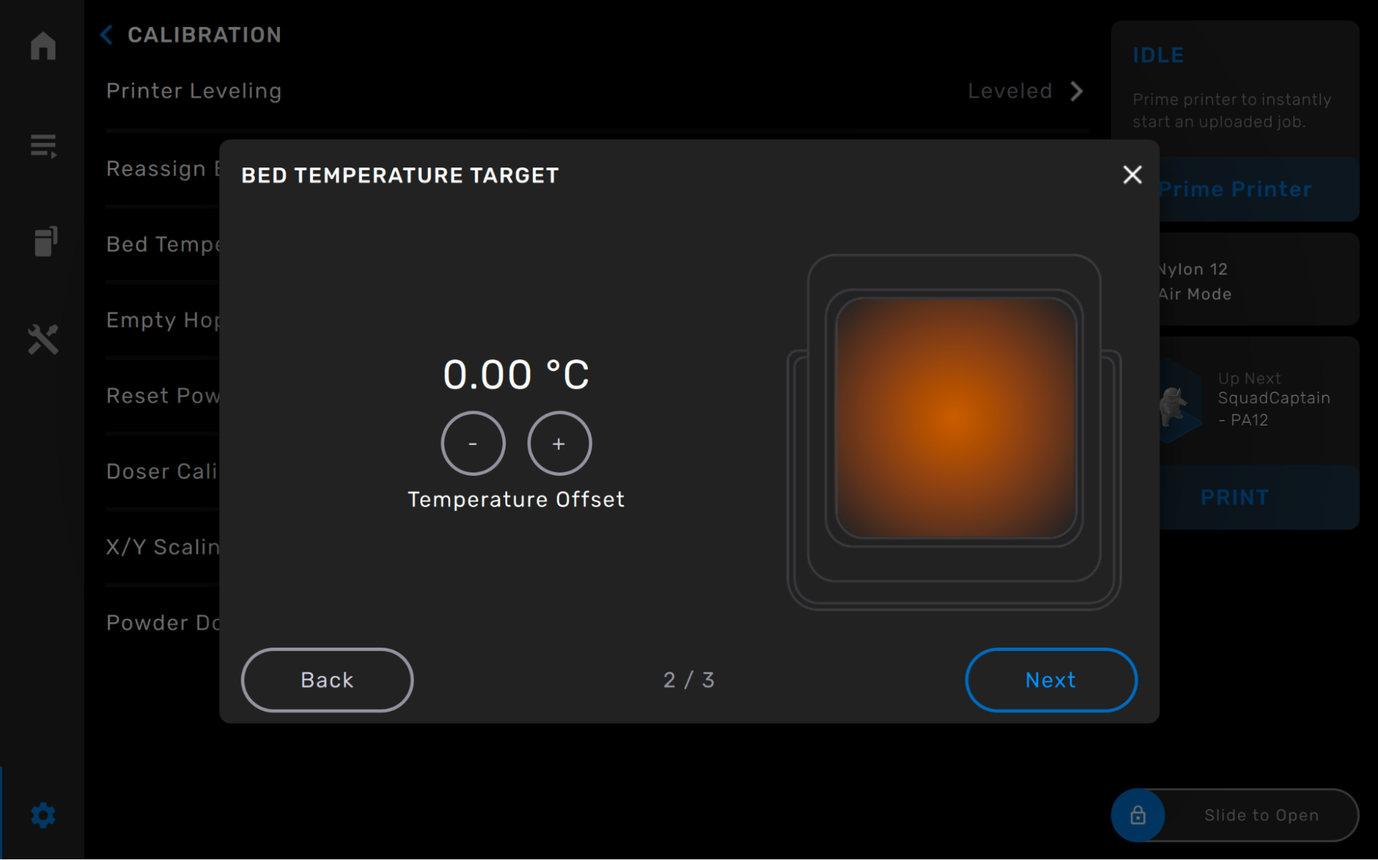 觸控螢幕上的 Bed Temperature Target 偏移設定