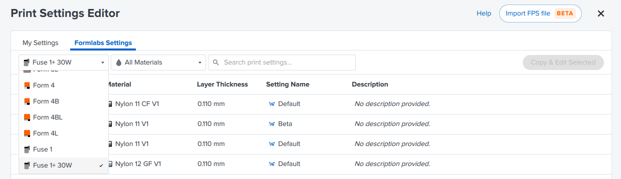 Print Settings Editor 的設備類型篩選