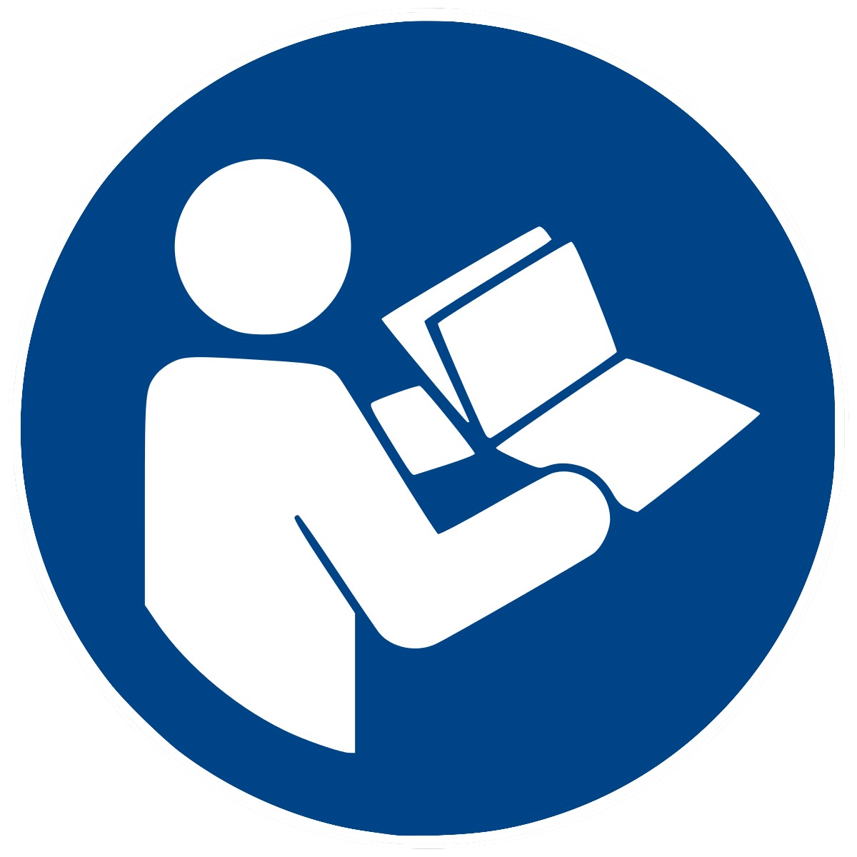 Upper human figure (right-hand profile) holding an open manual/booklet