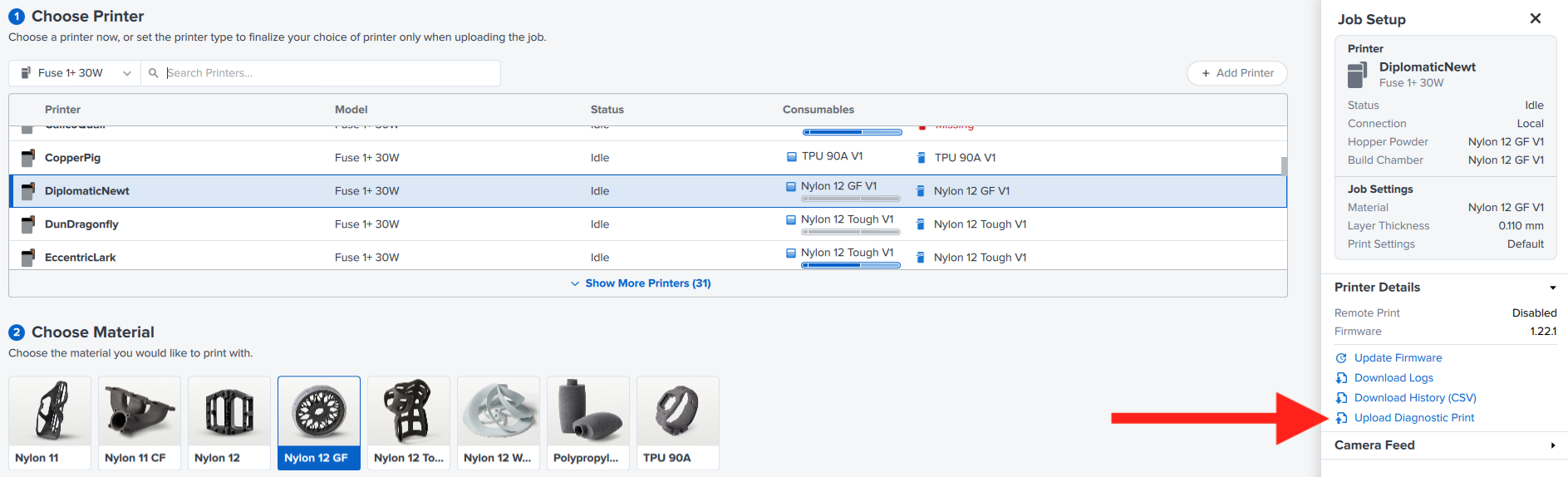 在 PreForm 選擇正確設備與 Upload Diagnostic Print