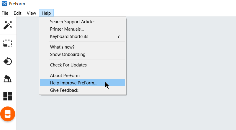 PreForm 的 Help Improve PreForm 設定