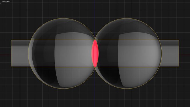 The lens is modeled as the intersection of two spheres and a cylinder.