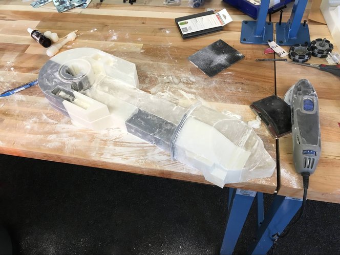 Power sanding works best on large flat surfaces, but can easily destroy small features. For smaller parts we recommend manual sanding, for larger ones a combination of manual and power sanding.