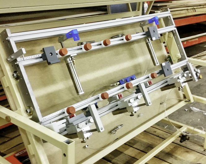 An assembly fixture with 3D printed parts.