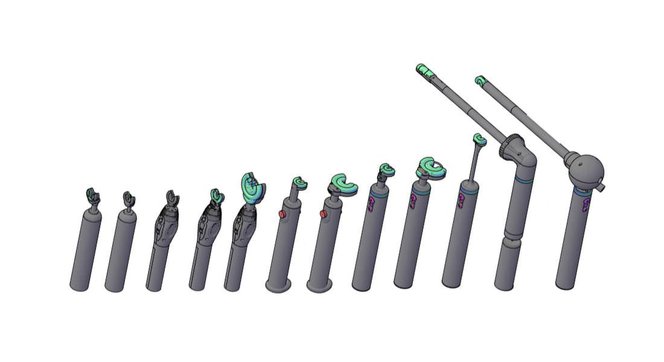 Consecutive iterations of Sutrue, an automated surgical suturing device prototyped on Formlabs SLA printers.