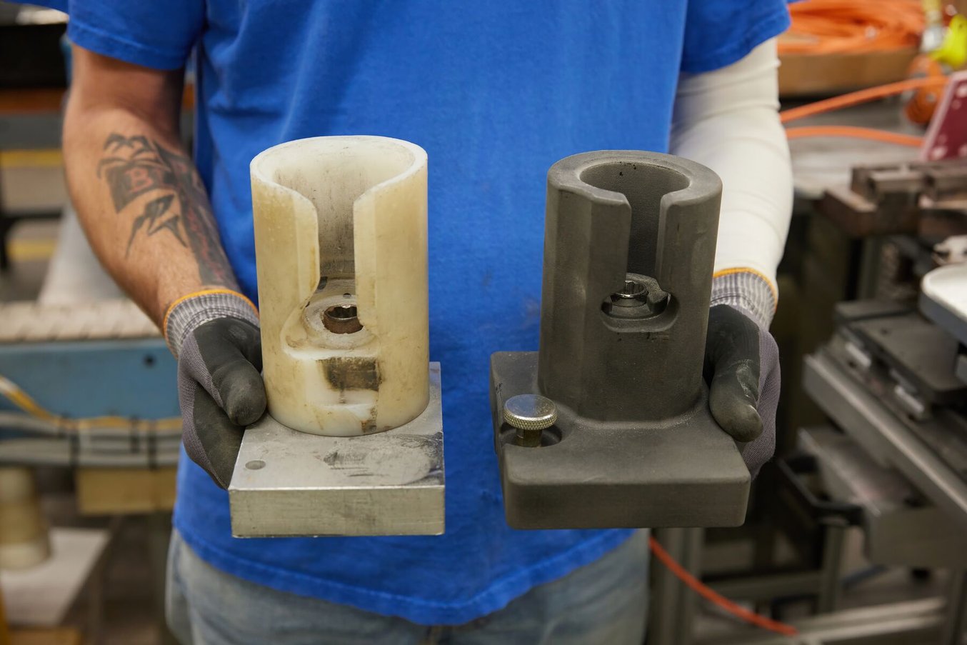 機械加工聚甲醛零件與 SLS 3D 列印零件的比較（組裝夾具）